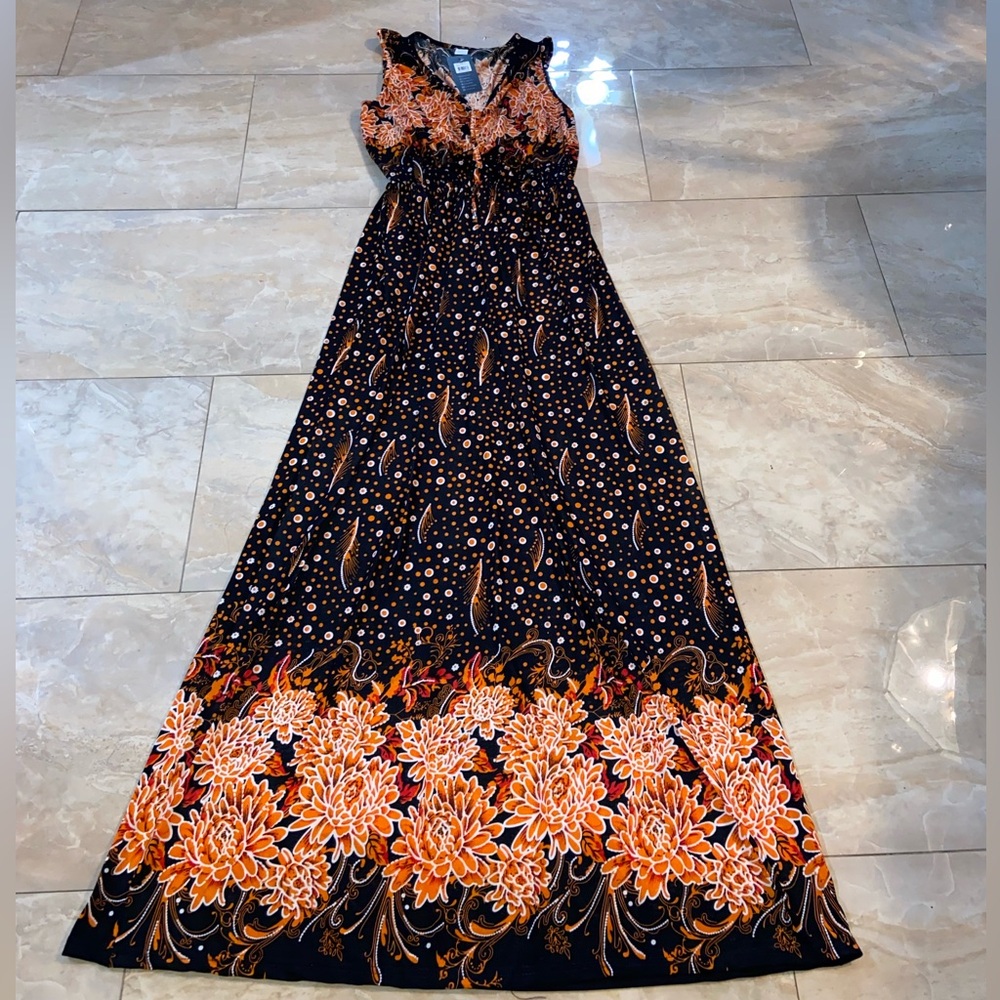 Nali Collection Women's Silk Sleeveless Black And Orange Flora Maxi Dress Size L